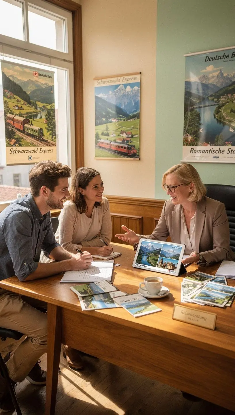 Studio mit Bildschirm und Kartenmaterial zur individuellen Planung von Zugreisen in Deutschland.